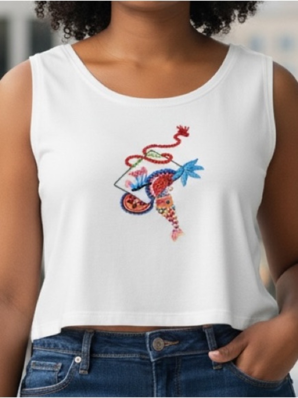 Fun Beaded Tropical Colors on a Dazzling White Cool Summer Sleeveless Crop